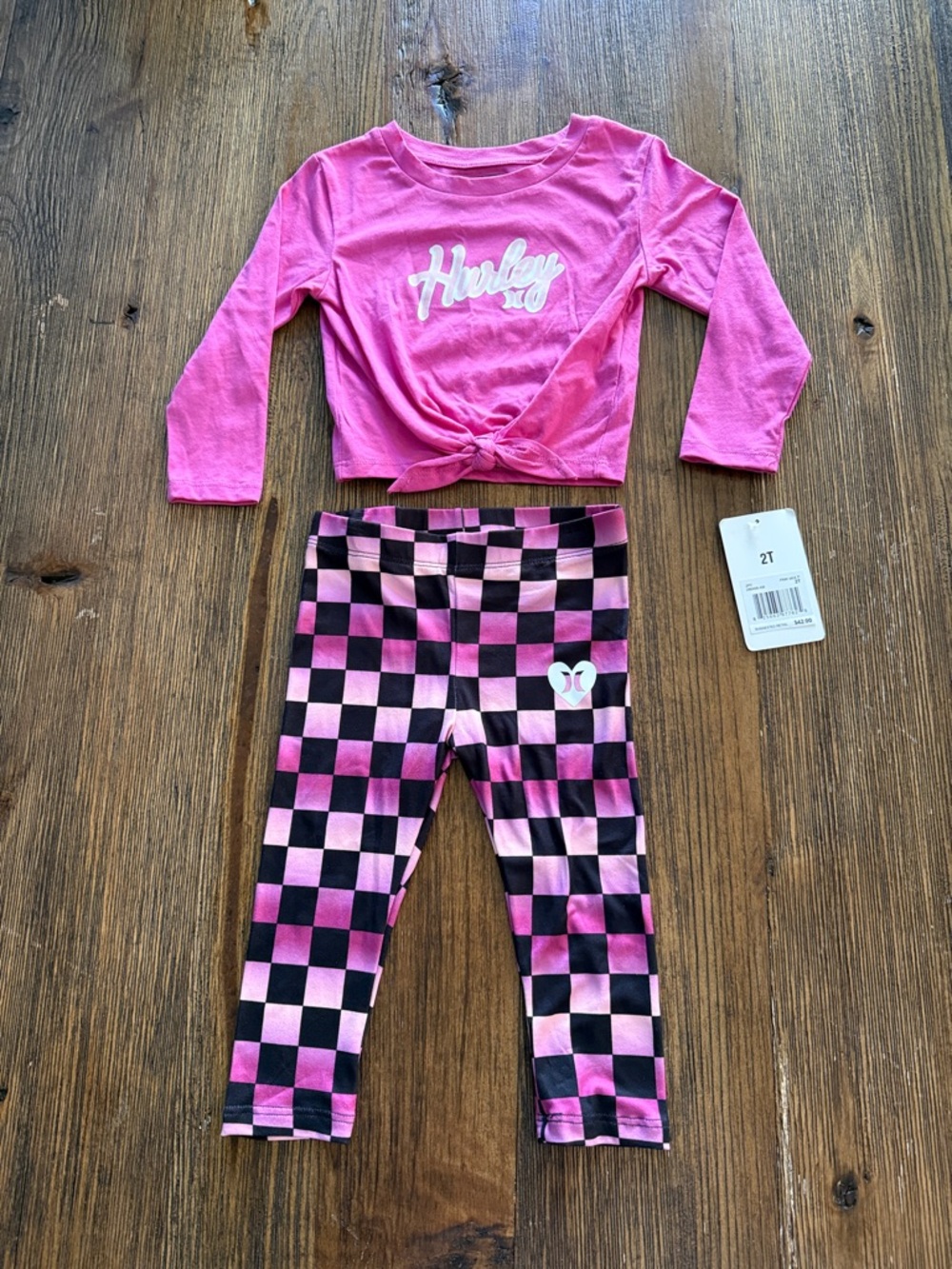 Hurley Pink Tie-Front Top with Pink & Black Checker Leggings